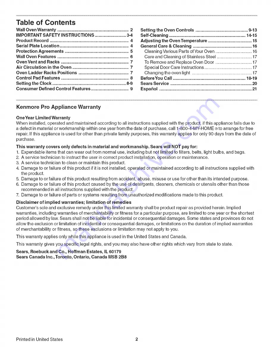 Kenmore 4200 - Pro 30 in. Electric Double Wall Oven Use And Care Manual Download Page 2