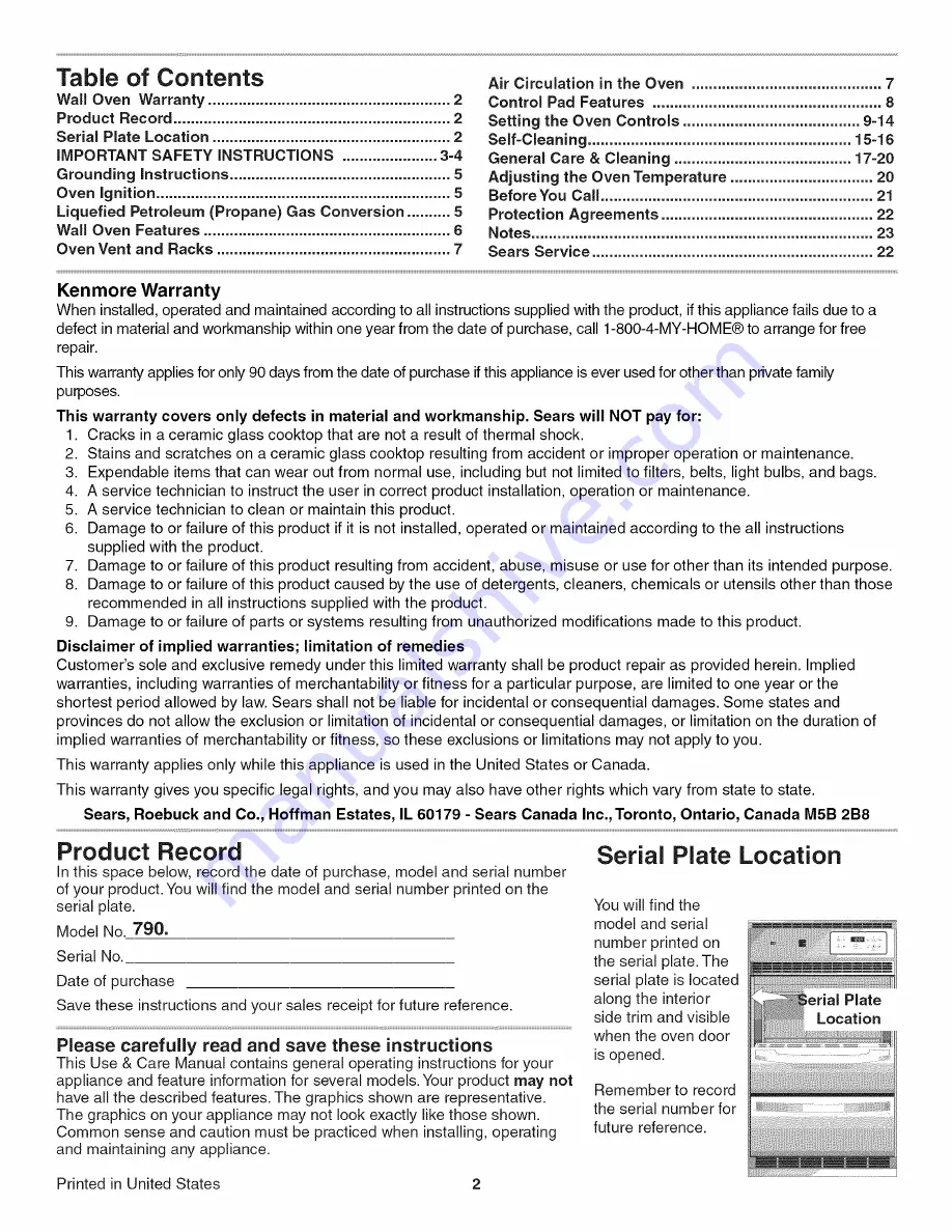 Kenmore 4802 - Elite 27 in. Wall Oven Use And Care Manual Download Page 2