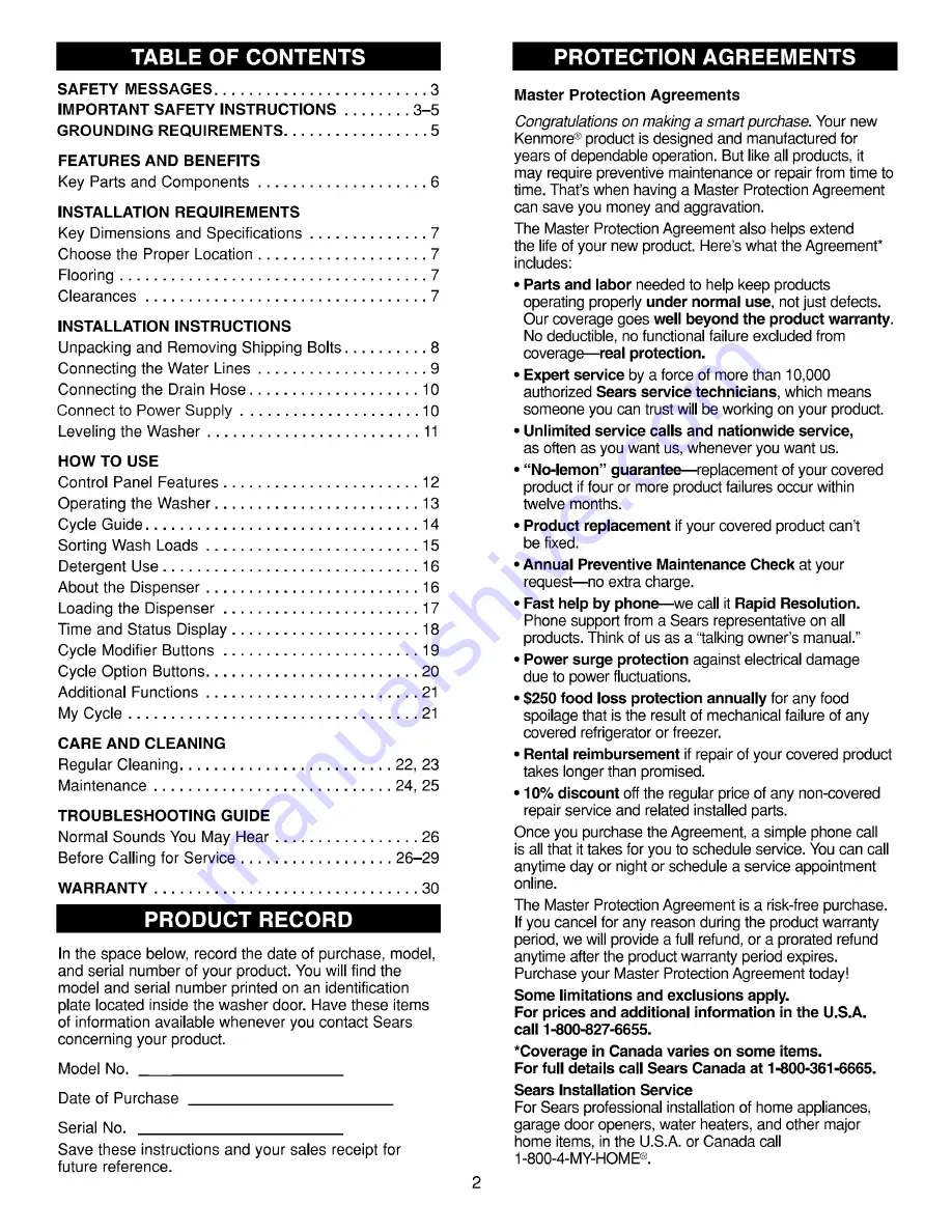 Kenmore 4885 - Rear Control High Efficiency 3.6 cu. Ft. Capacity Front Load Washer Use & Care Manual And Installation Instructions Download Page 2