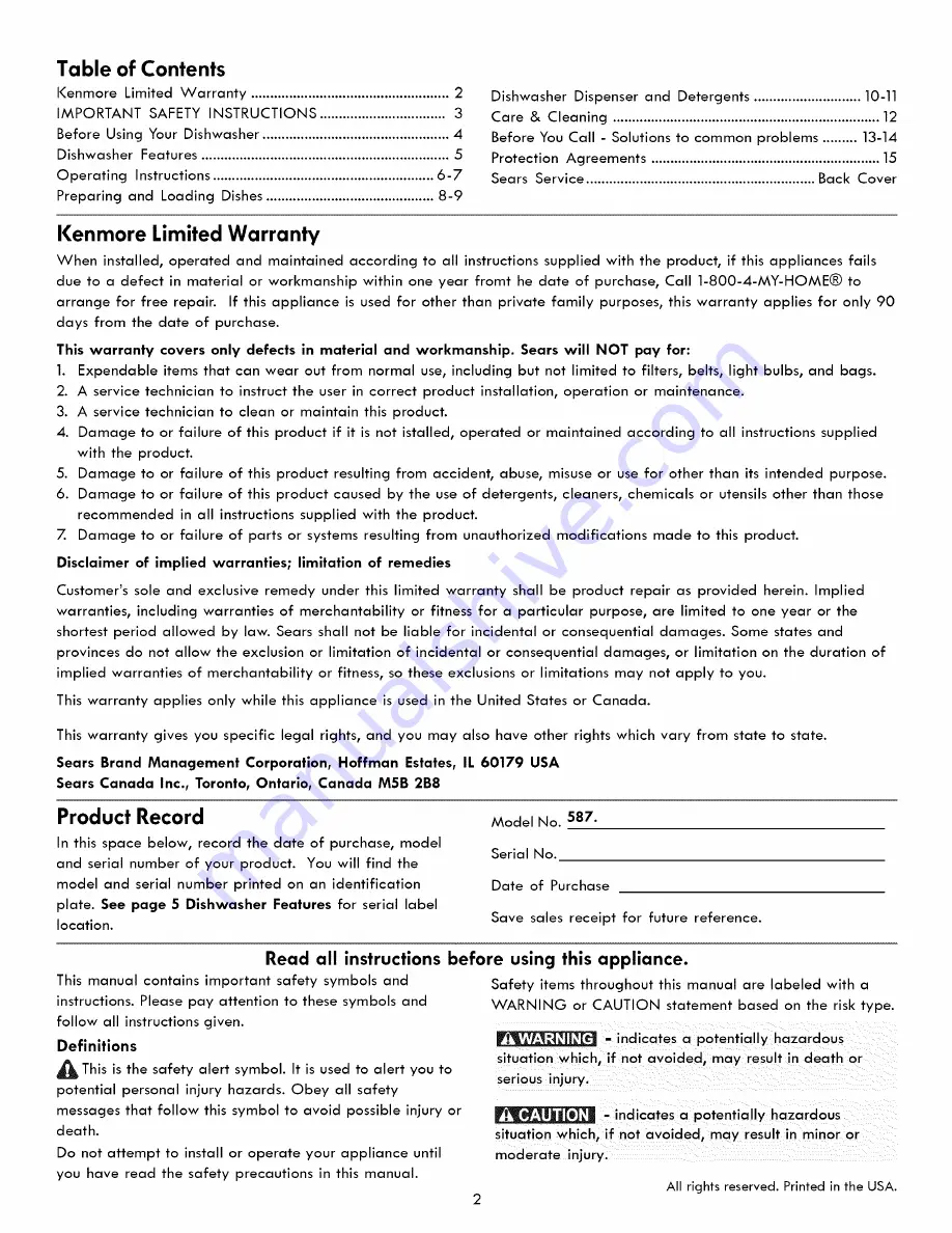 Kenmore 587.1541 Series Use & Care Manual Download Page 2