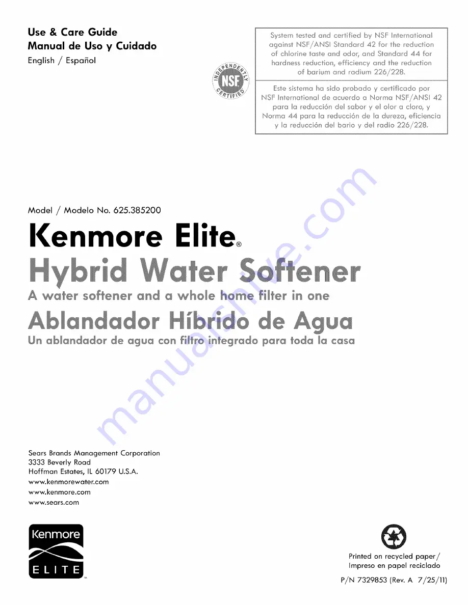 Kenmore 625.385200 Use & Care Manual Download Page 1