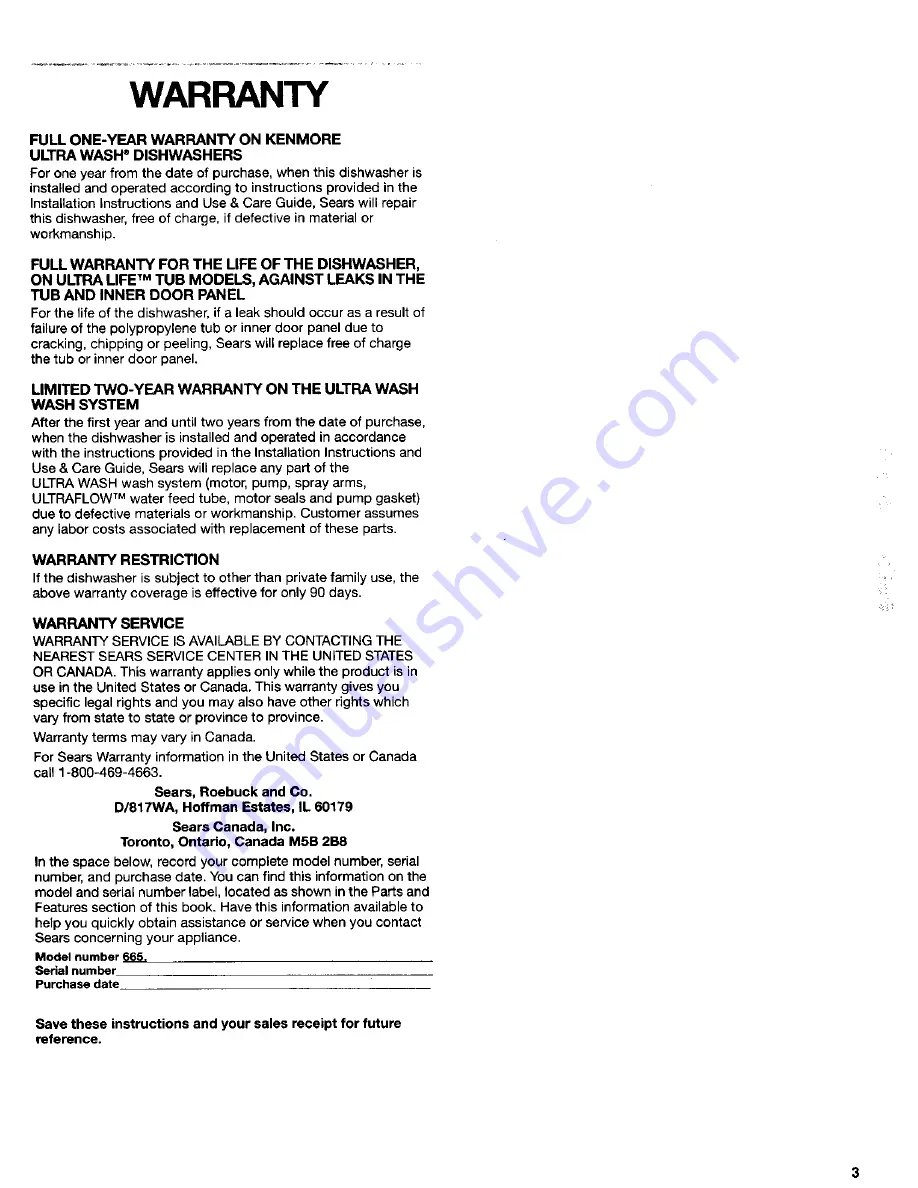 Kenmore 665.15622 Installation Instructions And Use & Care Manual Download Page 3