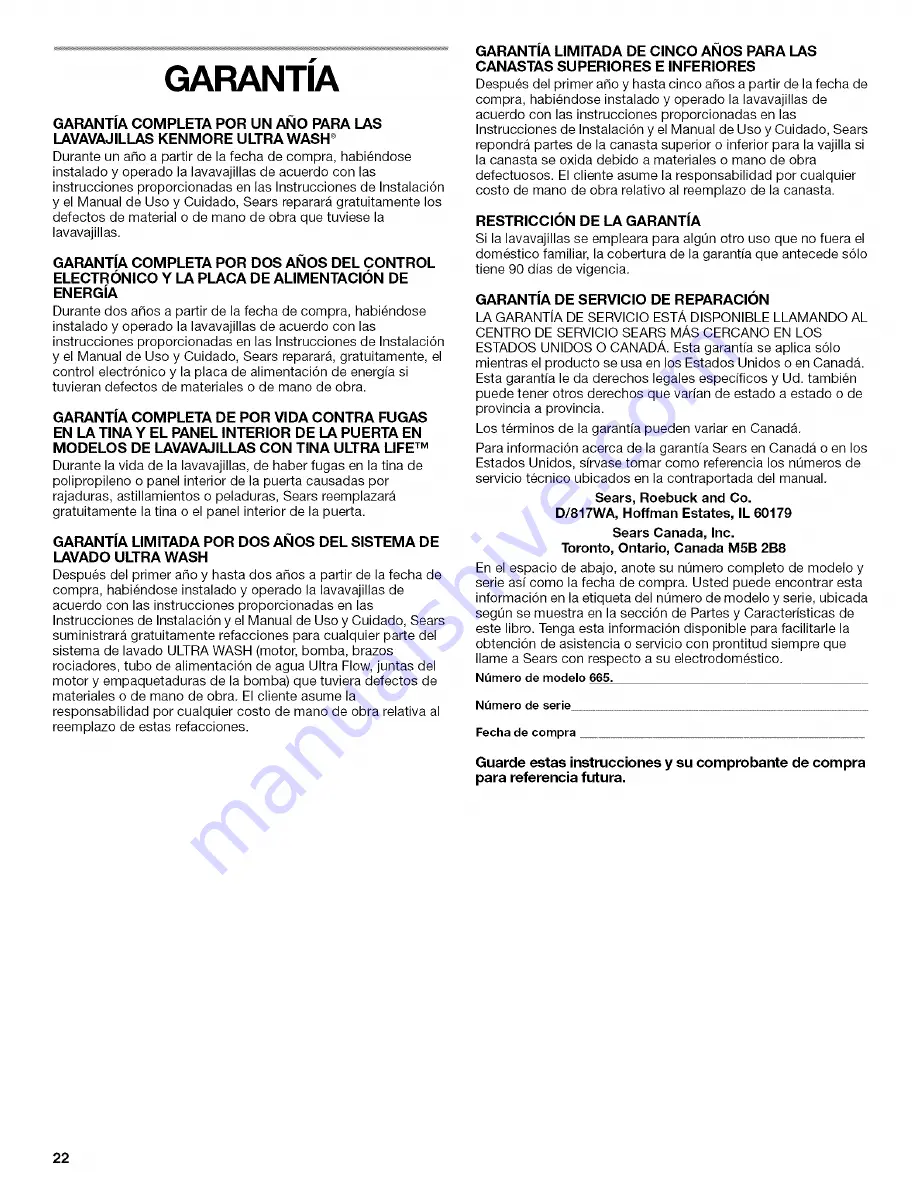 Kenmore 665.15894 Use And Care Manual Download Page 22