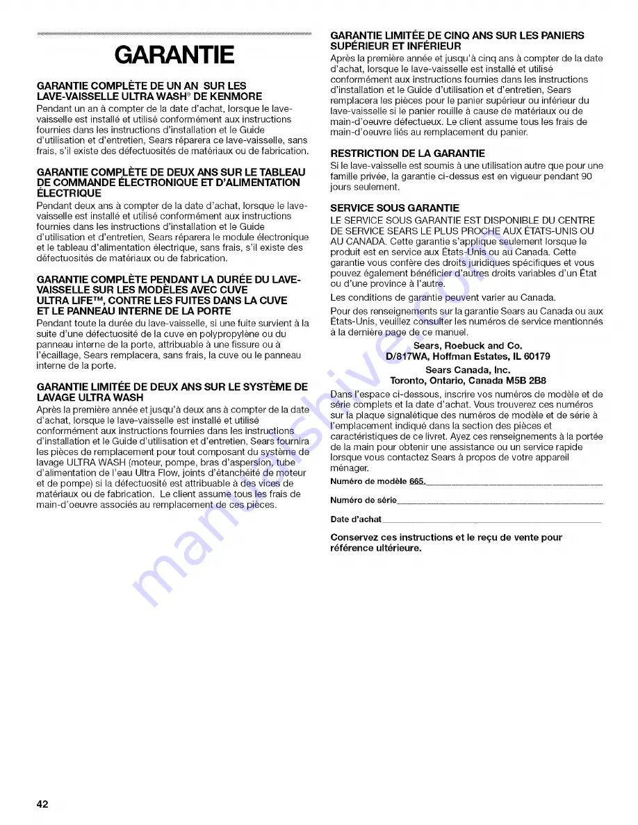 Kenmore 665.15894 Use And Care Manual Download Page 42