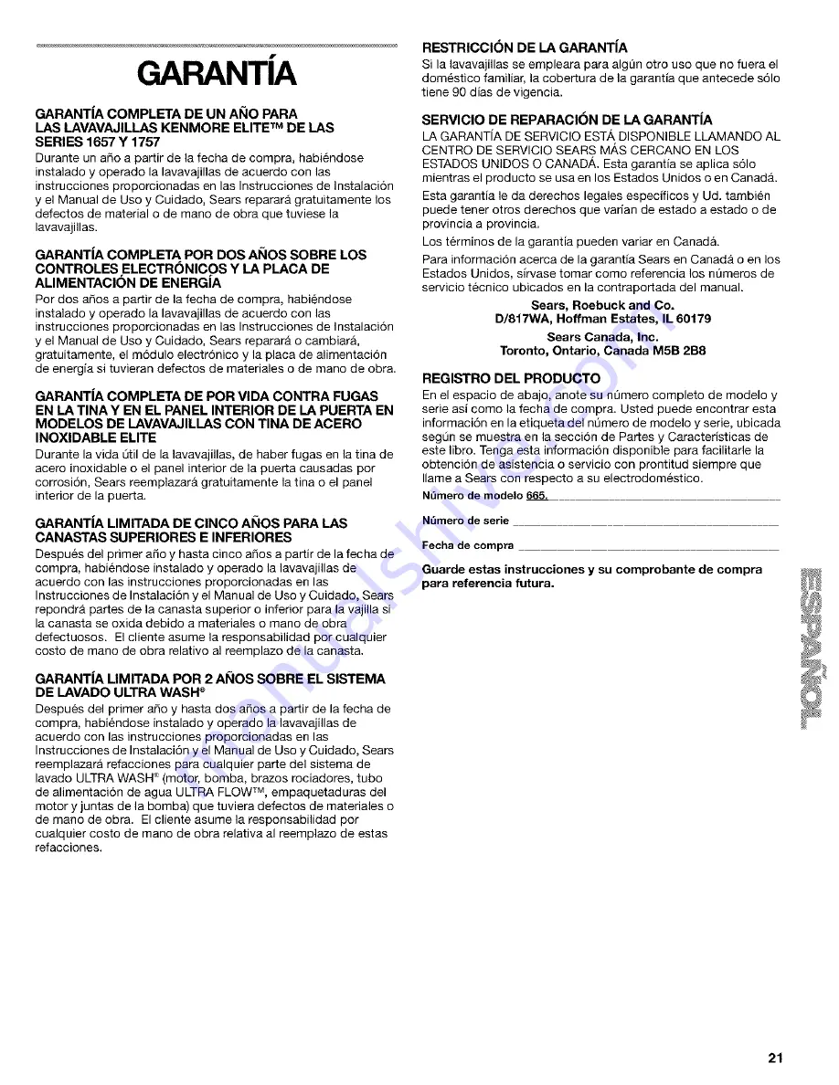 Kenmore 665.16572 Use & Care Manual Download Page 21