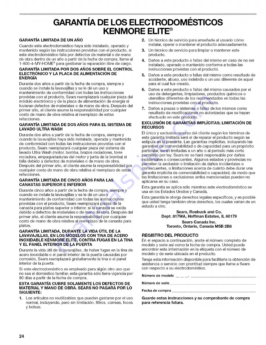 Kenmore 66513 Use And Care Manual Download Page 24