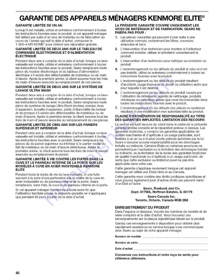 Kenmore 66513 Use And Care Manual Download Page 46