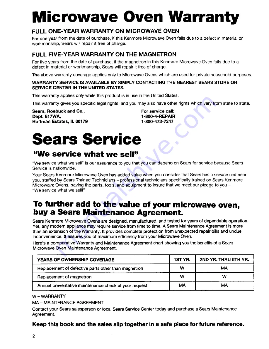 Kenmore 66568600890 Owner'S Manual Download Page 2