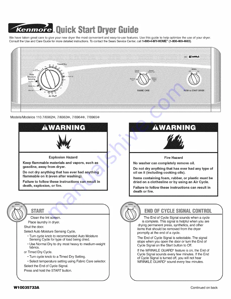 Kenmore 6965 - 600 5.9 cu. Ft. Capacity Electric Flatback Dryer Скачать руководство пользователя страница 1