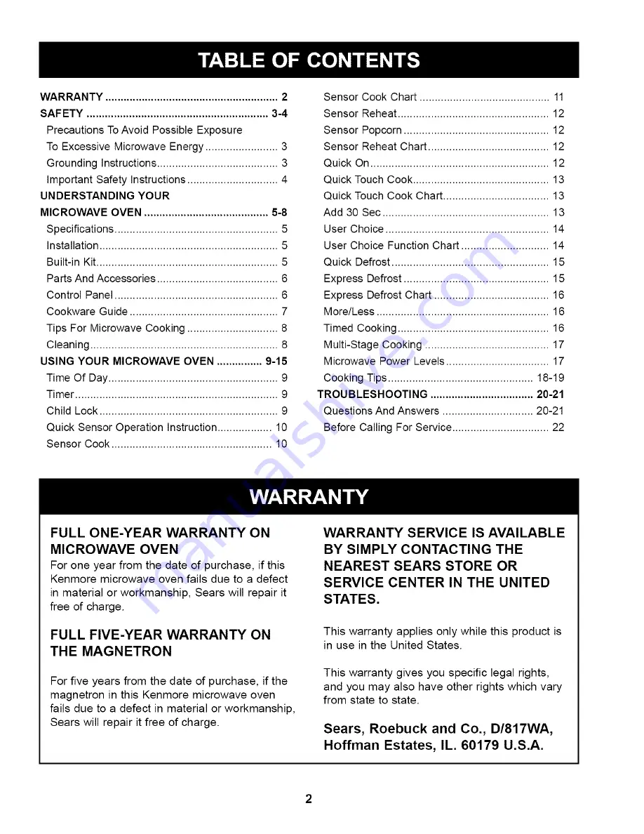 Kenmore 721.60483000 Use And Care Manual Download Page 2