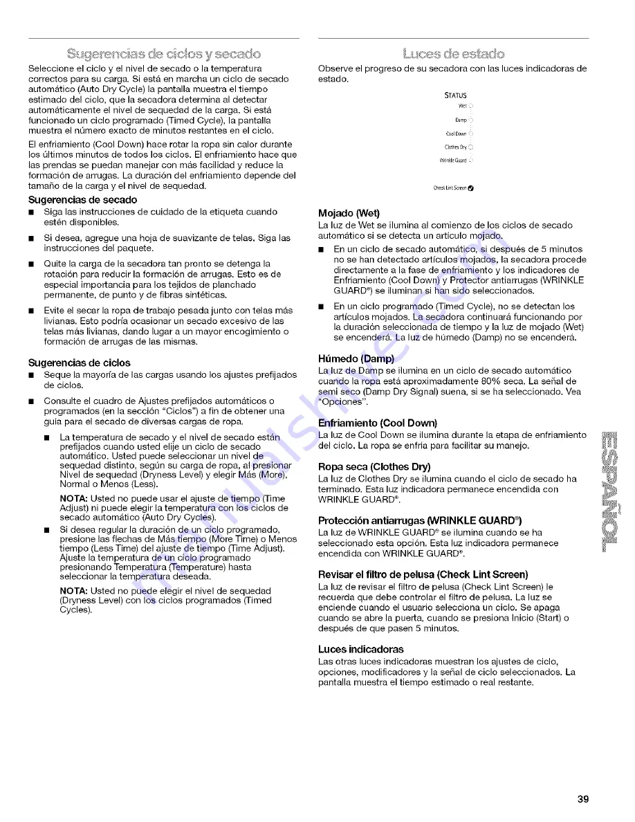 Kenmore 7806 - Elite Oasis ST 7.6 cu. Ft. Capacity Gas Dryer Use And Care Manual Download Page 39