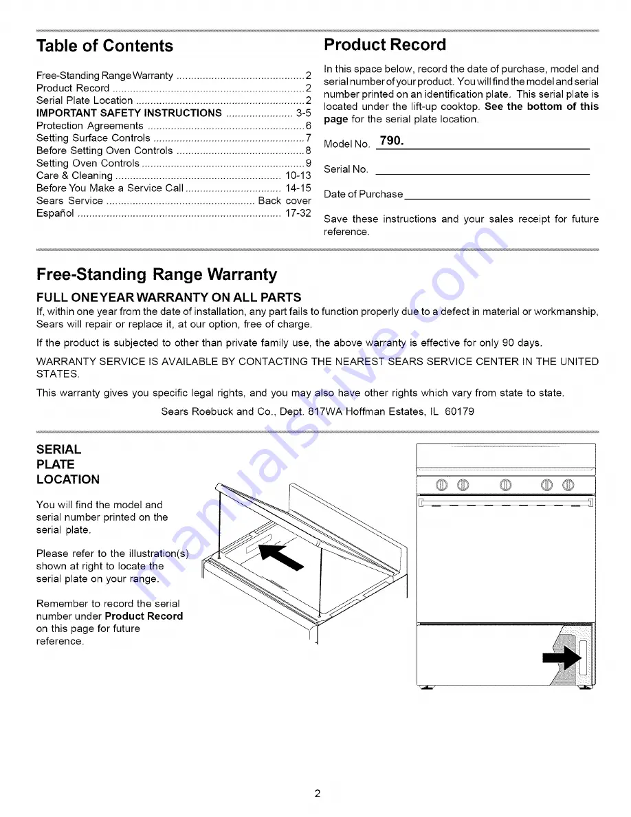 Kenmore 790.7026 Series Use & Care Manual Download Page 2