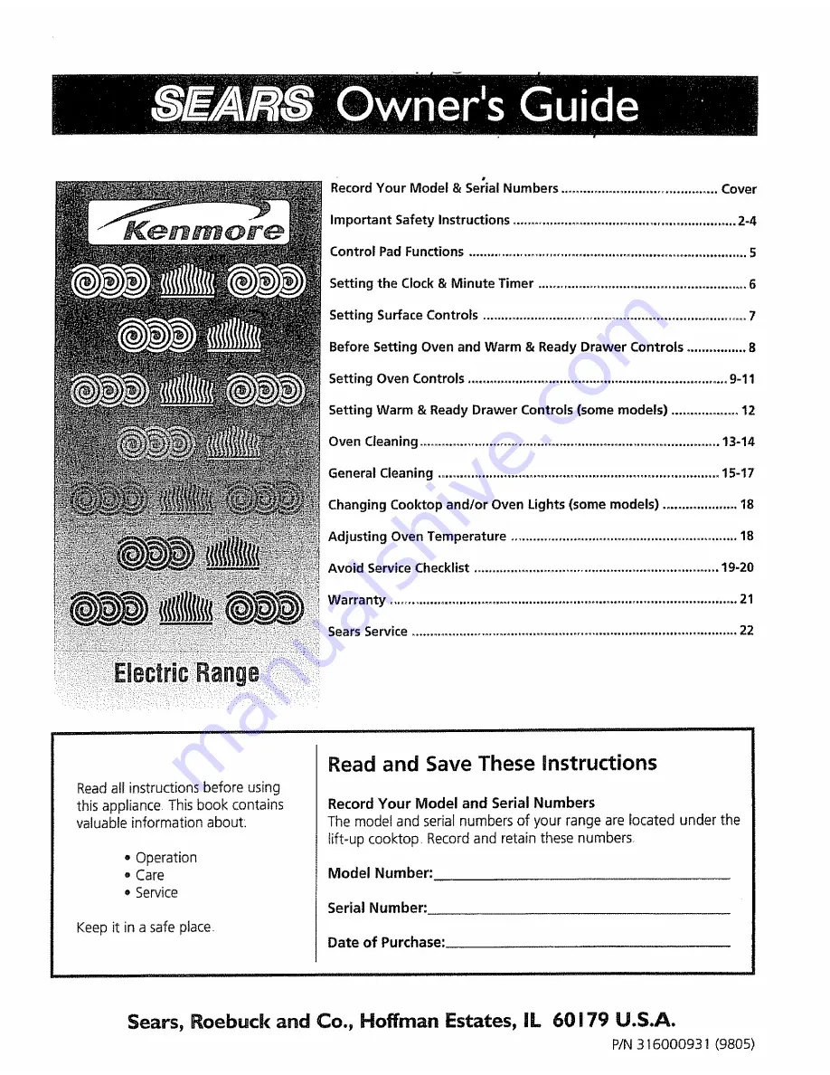 Kenmore 79095711890 Owner'S Manual Download Page 1