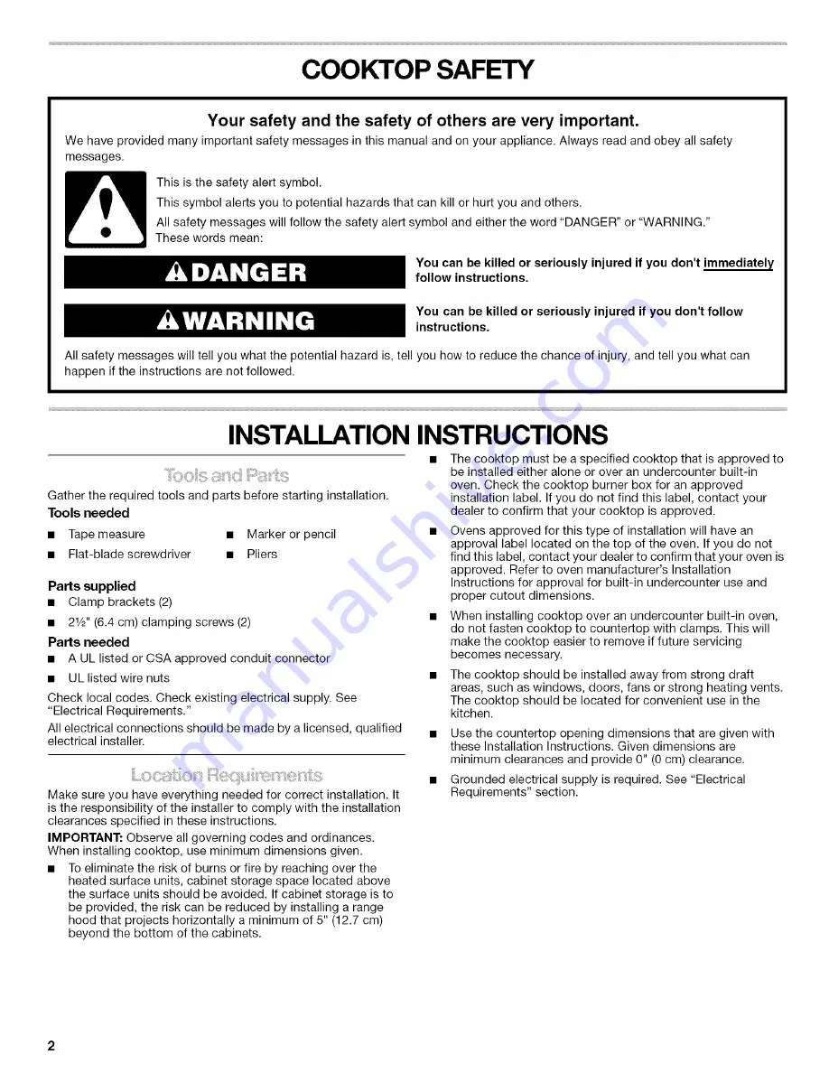 Kenmore 8286307 Installation & Operating Instructions Manual Download Page 2