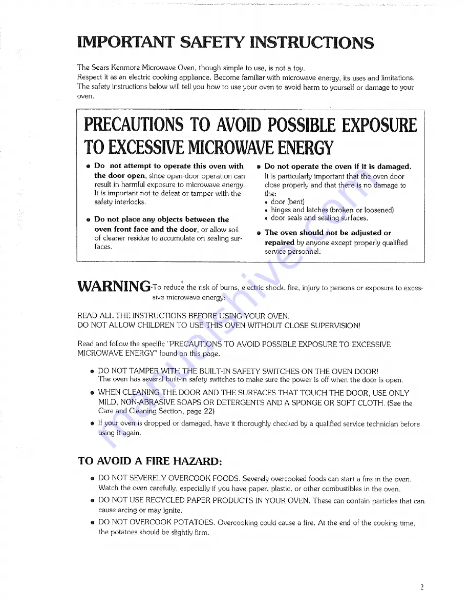 Kenmore 89650 Use And Care Manual And Cookbook Download Page 2