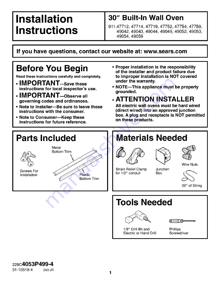 Kenmore 911.47712 Installation Instructions Manual Download Page 1