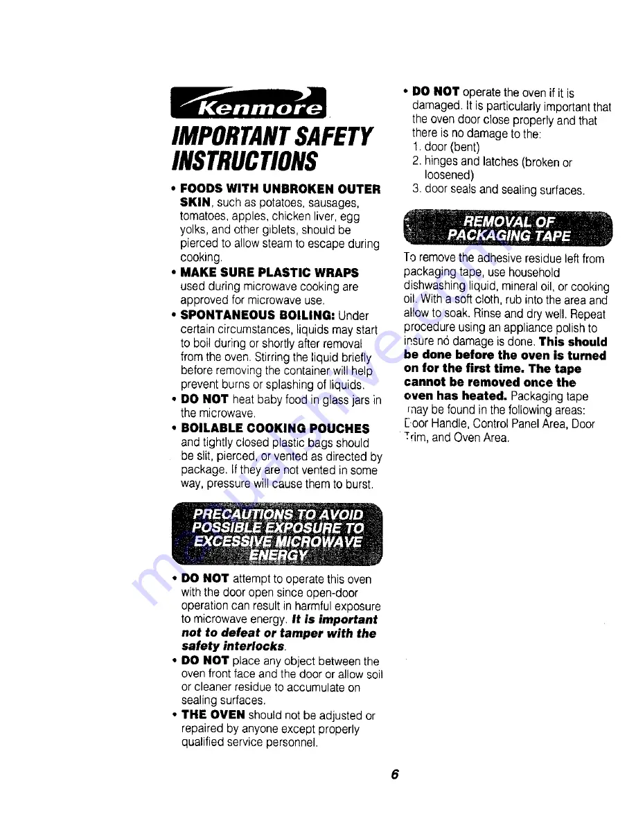 Kenmore 911.49485 Owner'S Manual Download Page 6