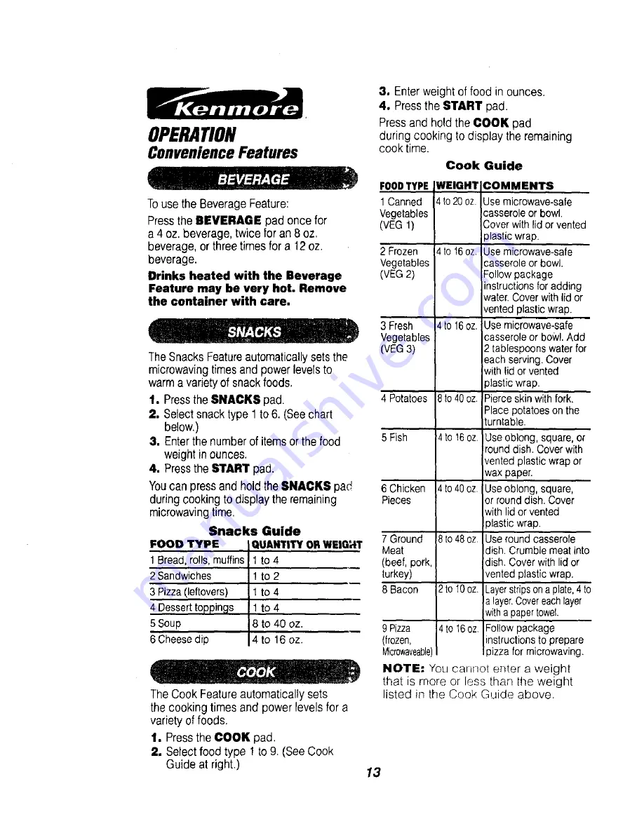 Kenmore 911.49485 Owner'S Manual Download Page 13