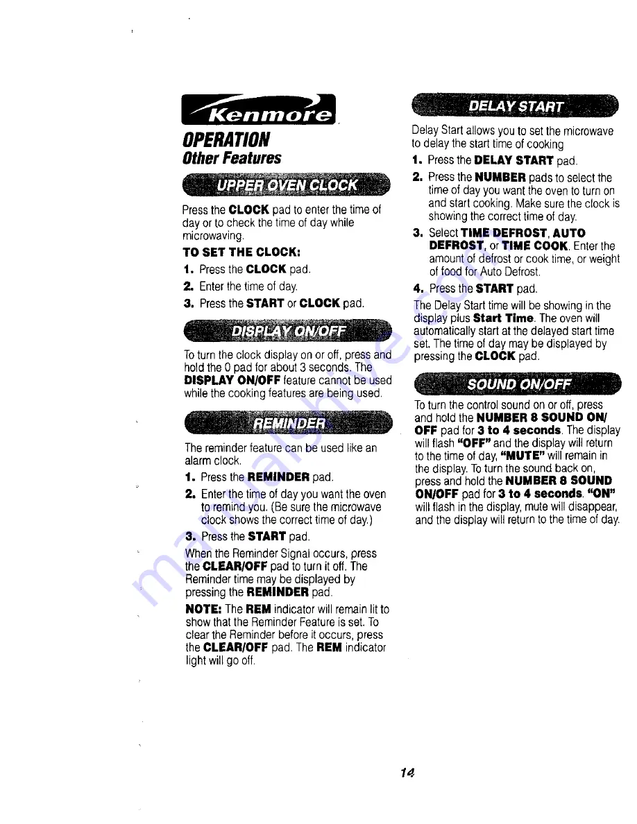 Kenmore 911.49485 Owner'S Manual Download Page 14