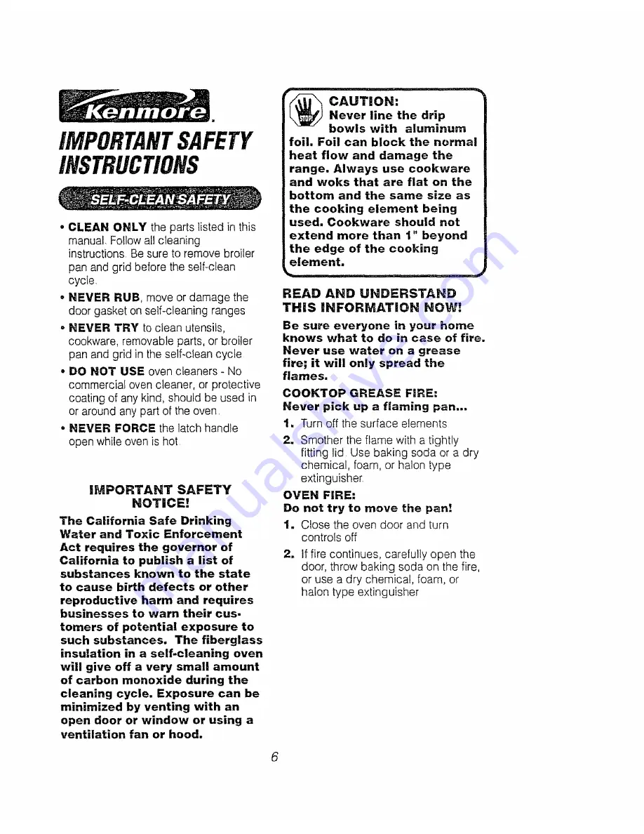 Kenmore 911.92391 Owner'S Manual Download Page 6