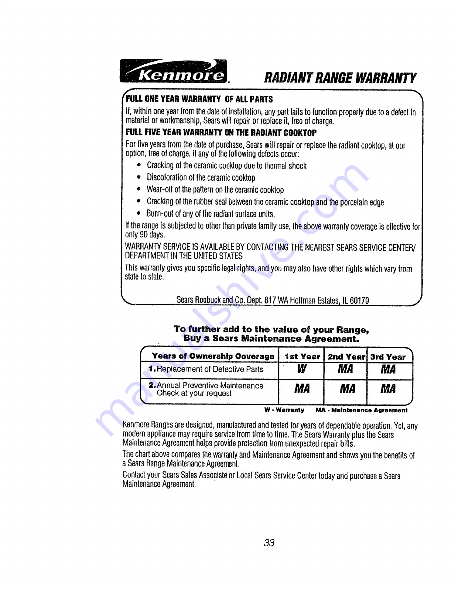 Kenmore 911.95875 Owner'S Manual Download Page 33