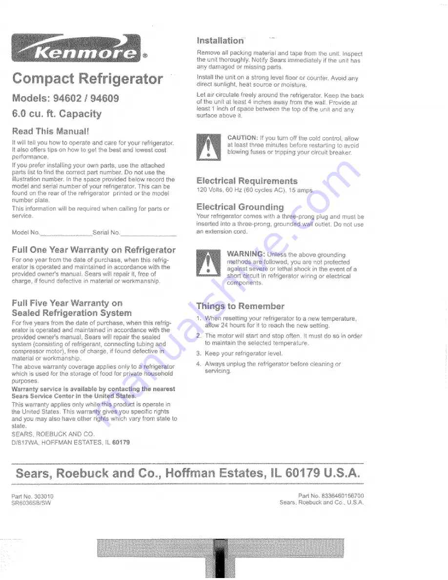 Kenmore 94609 Manual Download Page 1