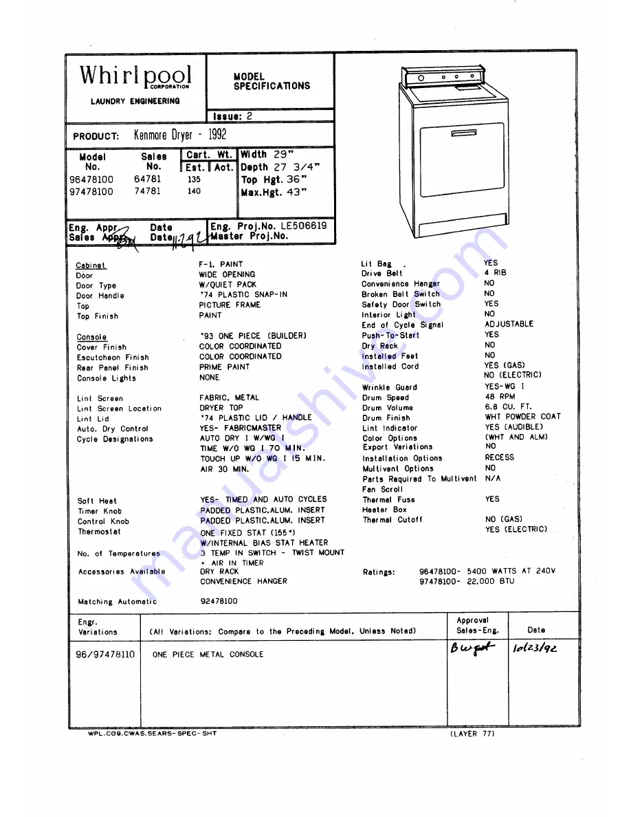 Kenmore 96478100 Скачать руководство пользователя страница 1