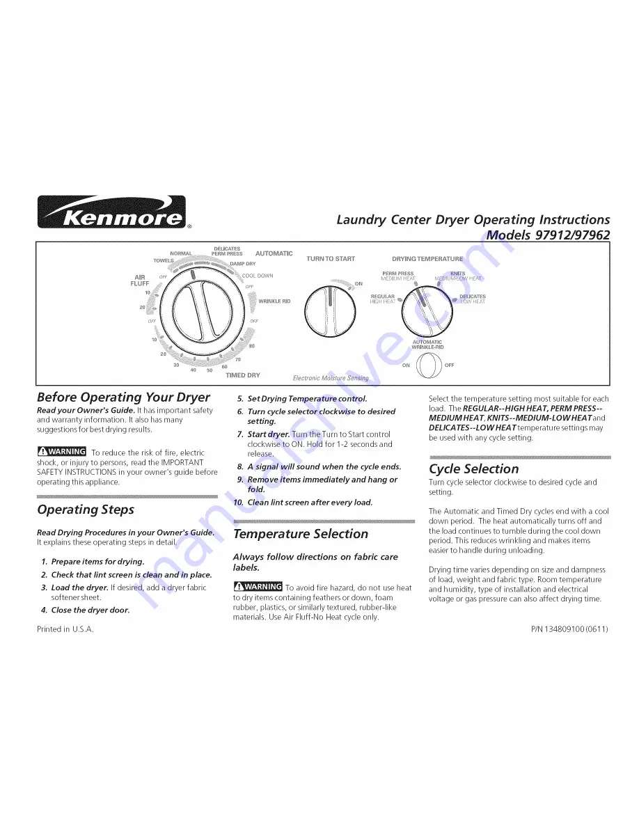 Kenmore 9796 - 27 in. Laundry Center Скачать руководство пользователя страница 1