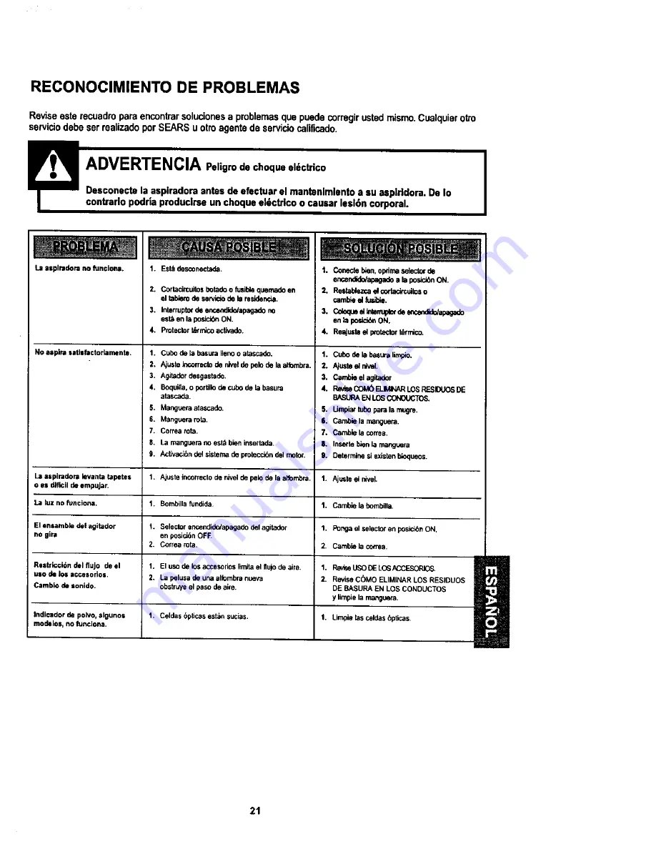 Kenmore ASPIRADORA 116.34728 Owner'S Manual Download Page 43