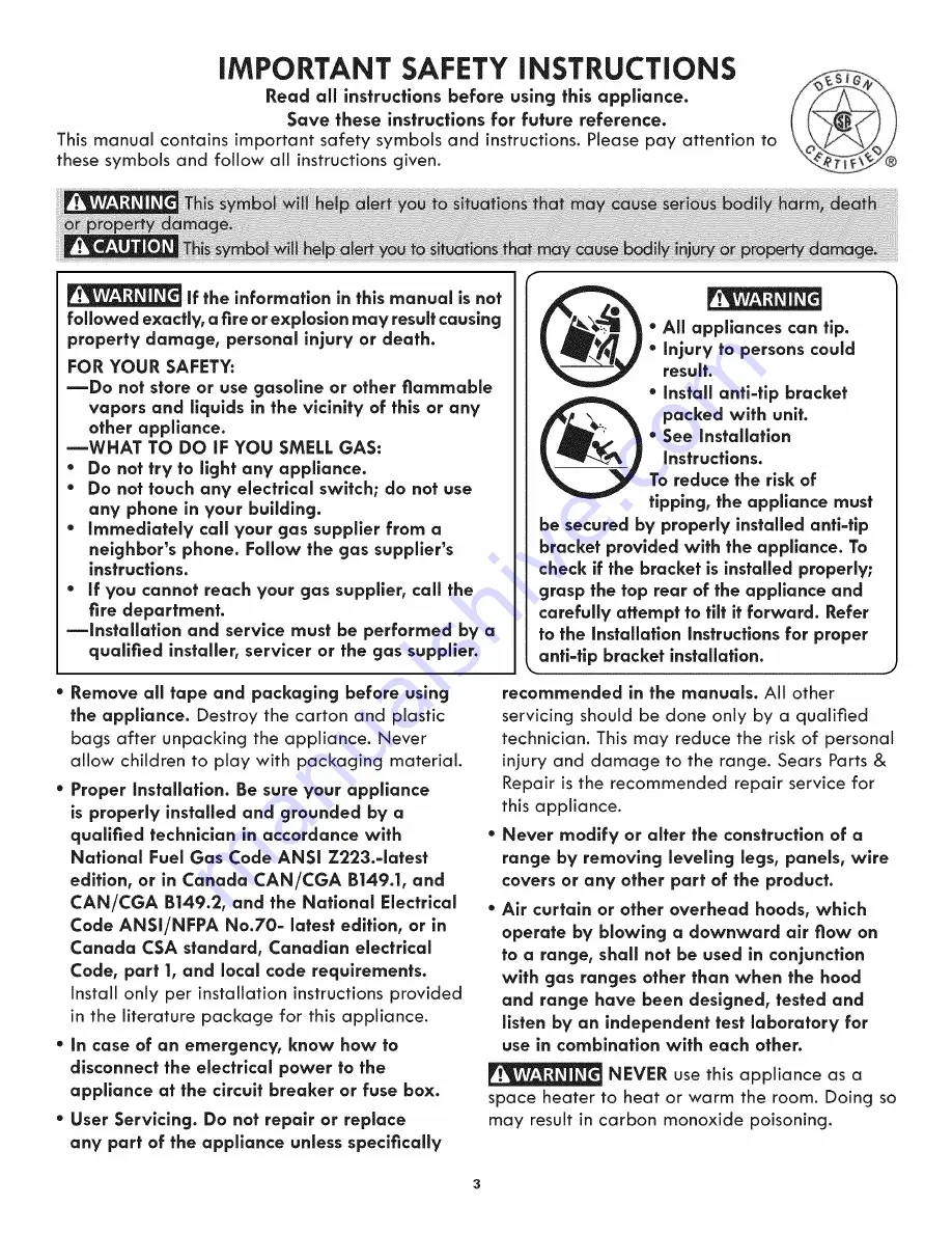 Kenmore ELITE 790.3105 Series Use And Care Manual Download Page 3