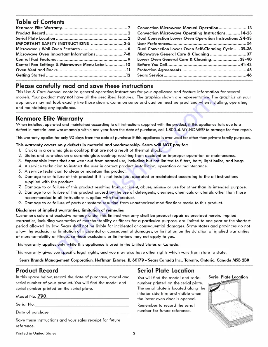 Kenmore Elite 790.4890 Series Скачать руководство пользователя страница 2