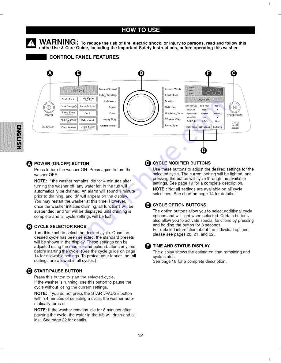 Kenmore ELITE 796.2927 Series Скачать руководство пользователя страница 12