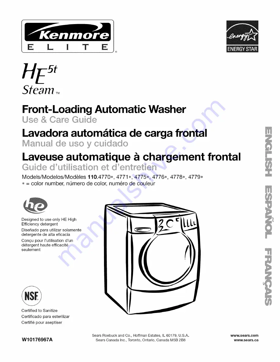 Kenmore Elite HE5t Steam 110.4770 Series Use & Care Manual Download Page 1