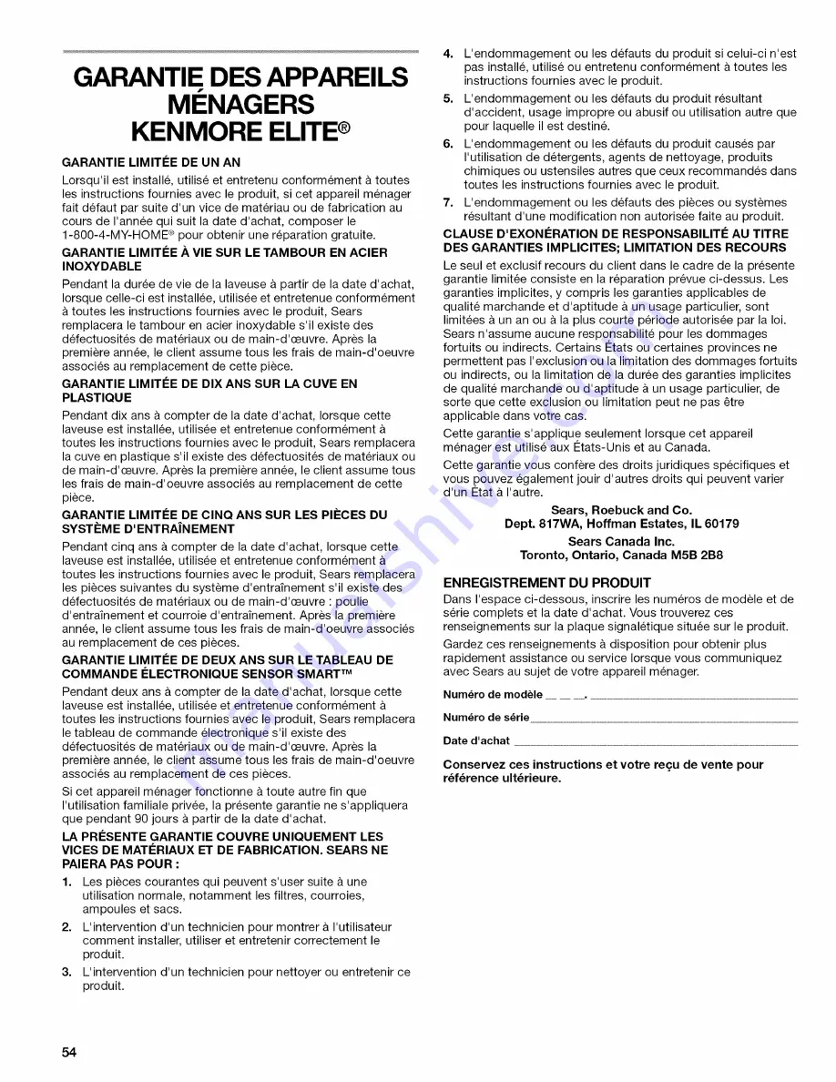 Kenmore Elite HE5t Steam 110.4770 Series Use & Care Manual Download Page 54