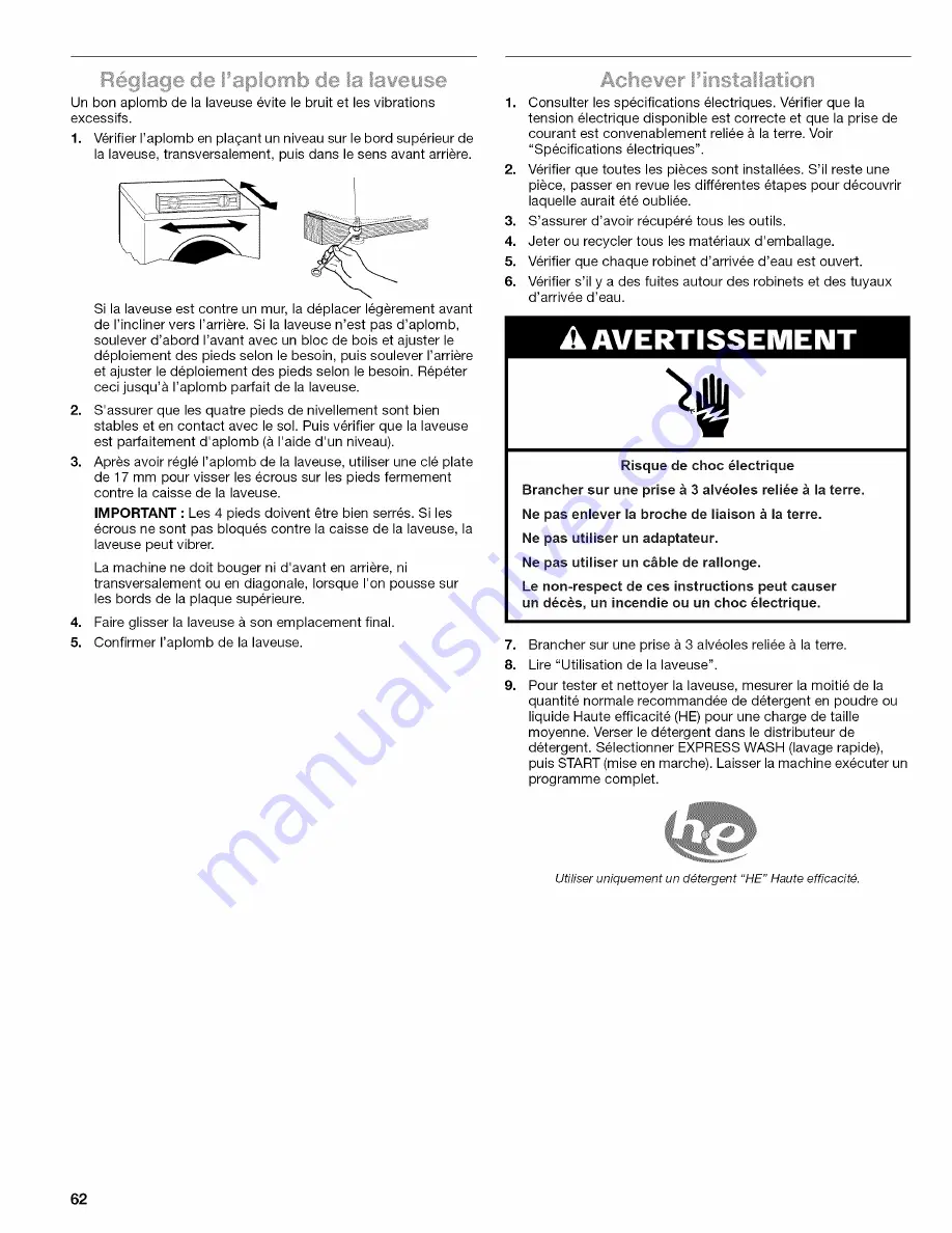 Kenmore Elite HE5t Steam 110.4770 Series Use & Care Manual Download Page 62