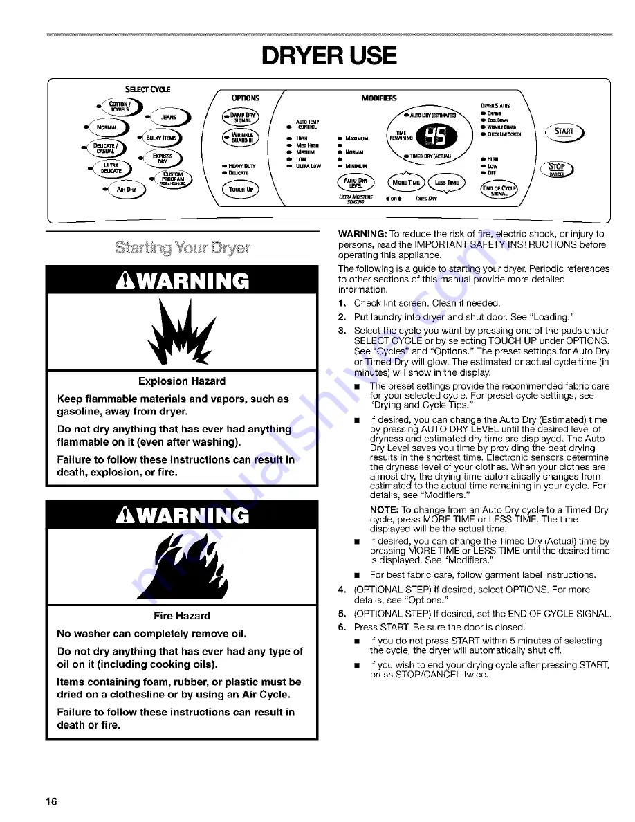 Kenmore Elite SENSOR SMART 110 Use & Care Manual Download Page 16