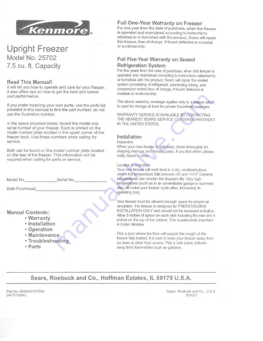 Kenmore Kenmore 25702 Manual Download Page 1