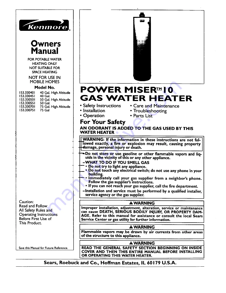 Kenmore POWER MISER 10 153.330401 Owner'S Manual Download Page 1