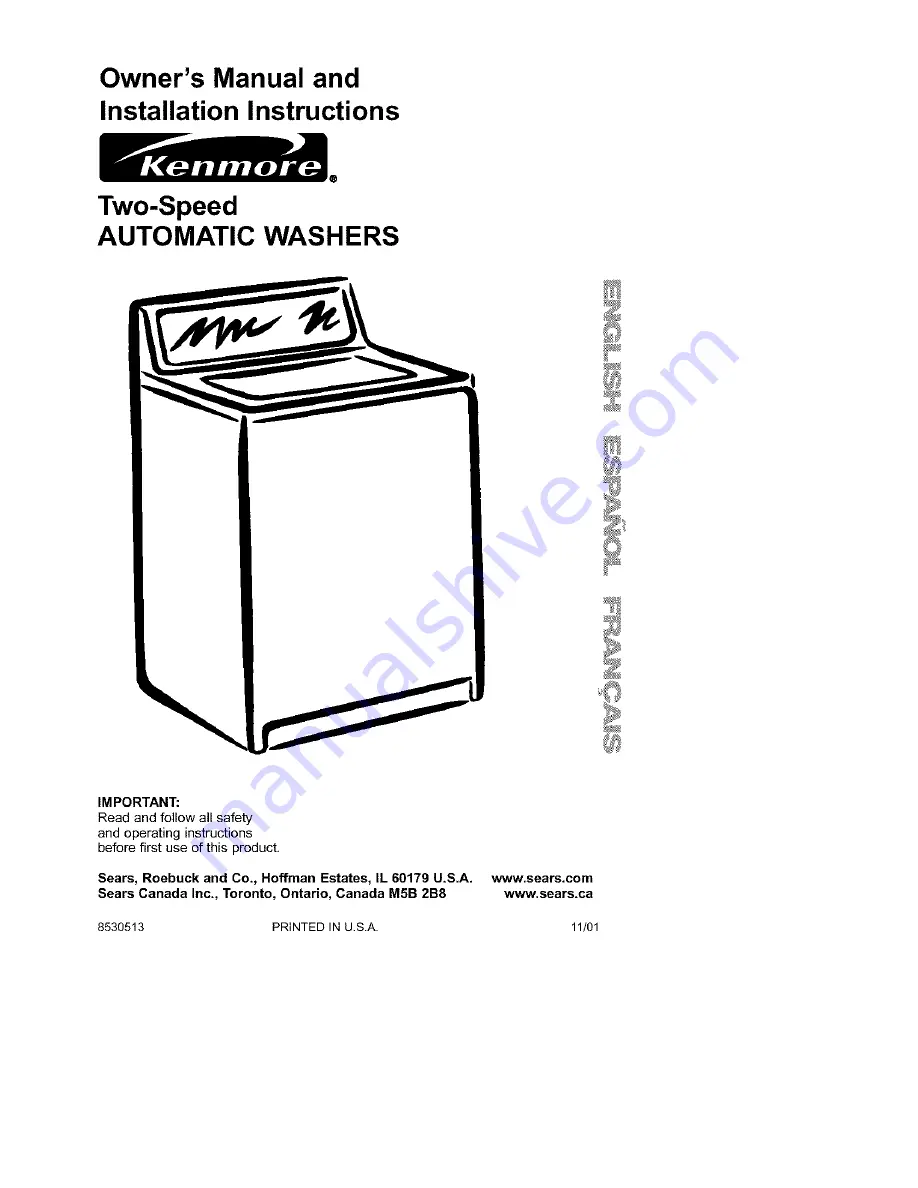 Kenmore Two-speed automatic washers Owner'S Manual & Installation Instructions Download Page 1