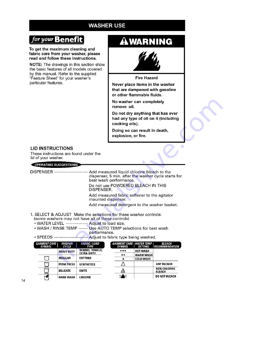 Kenmore Two-speed automatic washers Owner'S Manual & Installation Instructions Download Page 14