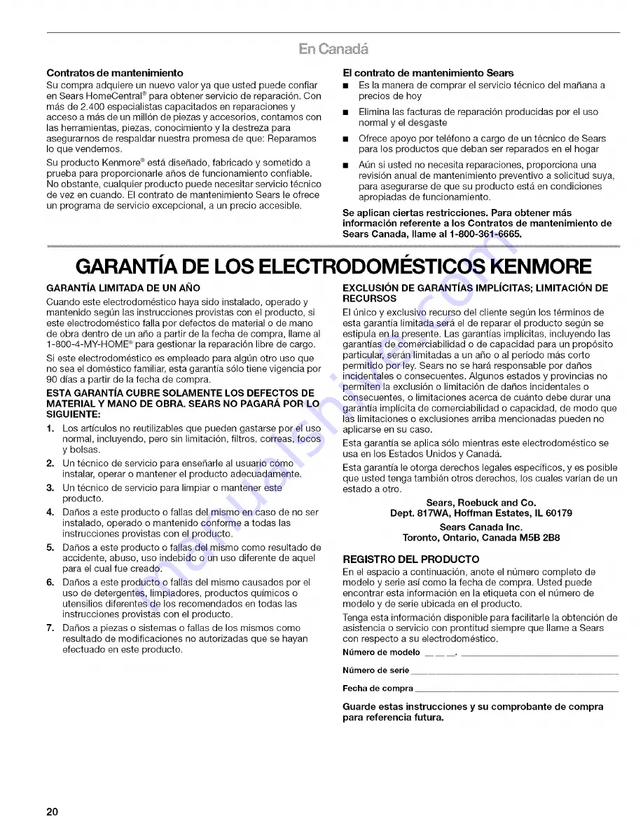 Kenmore ULTRA WASH 665.1604 Series Use & Care Manual Download Page 20