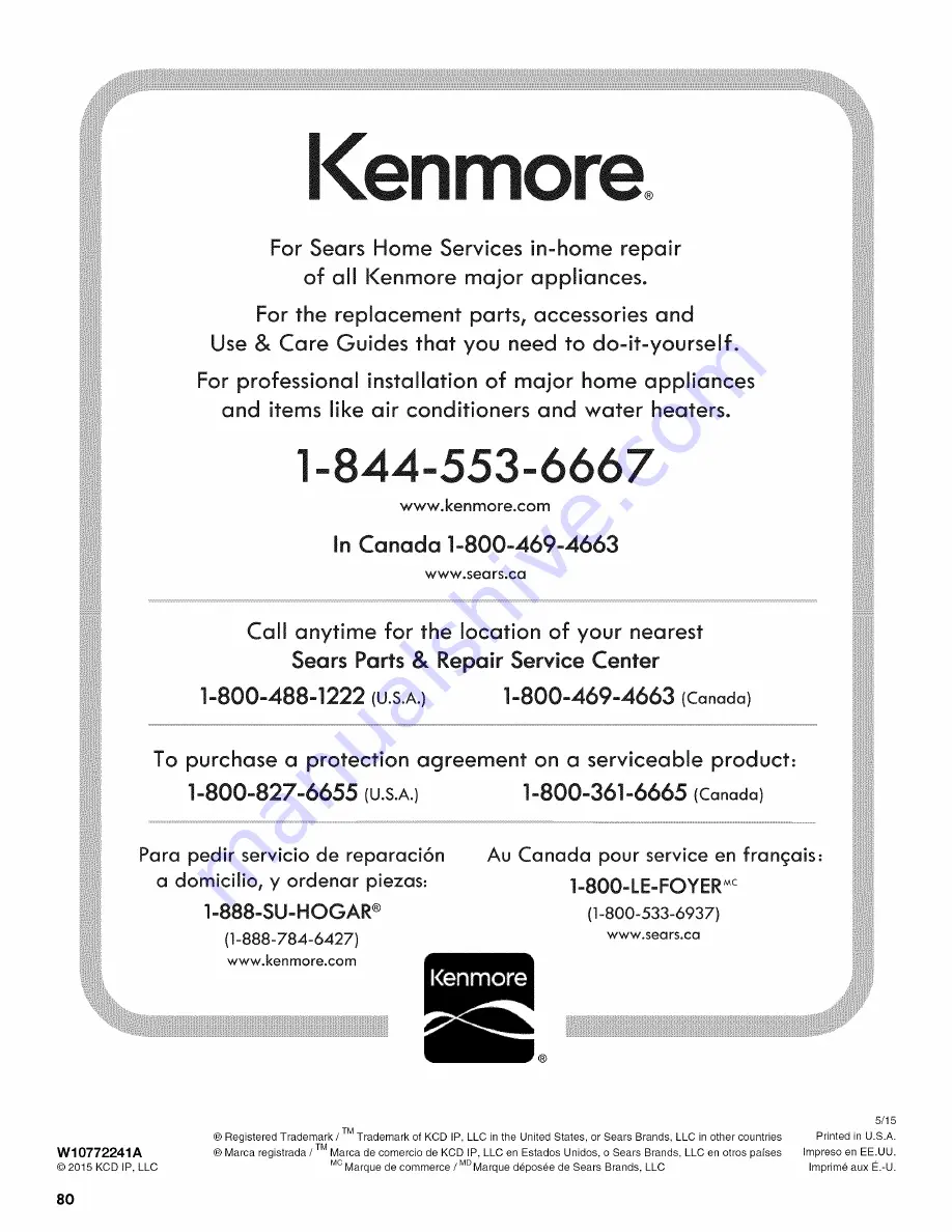 Kenmore Ultraclean 665.1479 series Use & Care Manual Download Page 80