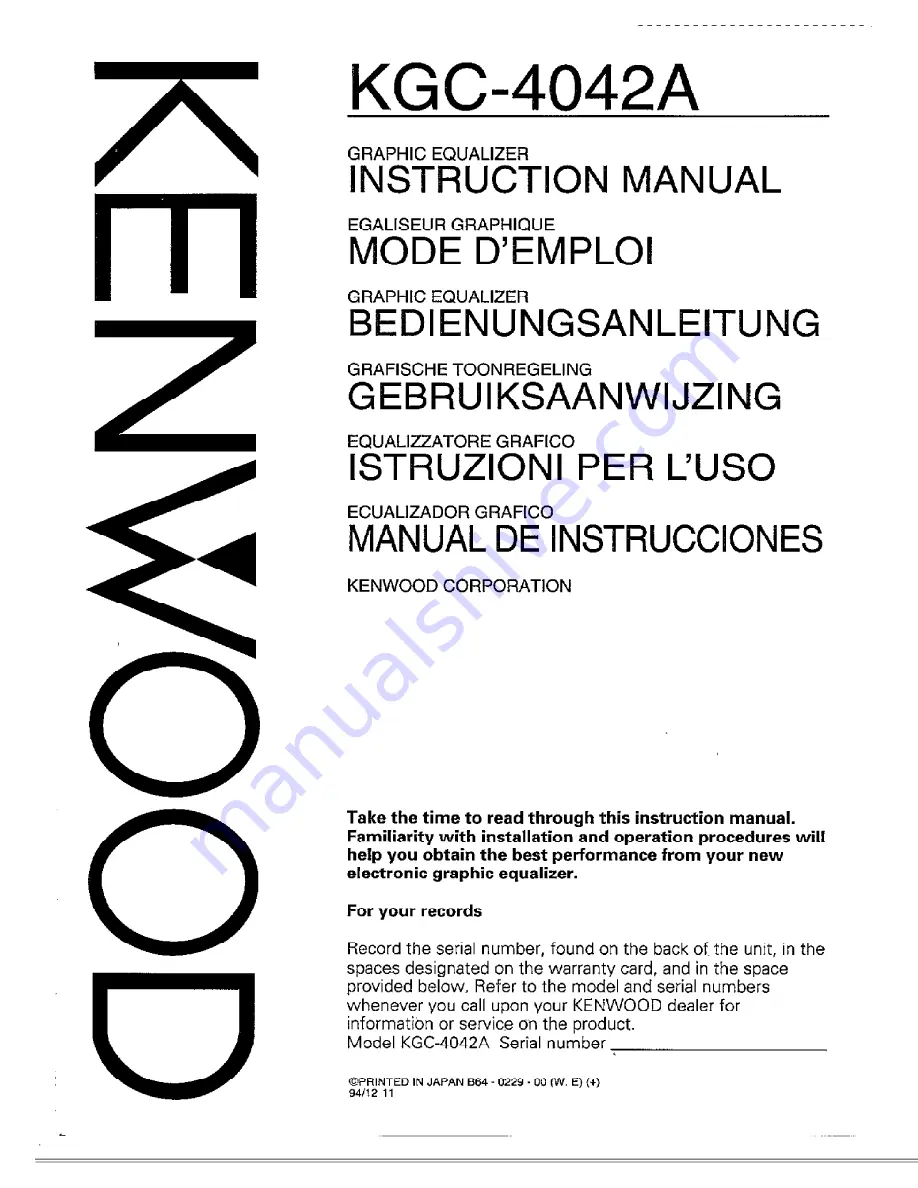 Kenwood 4042A - KGC Equalizer / Crossover Instruction Manual Download Page 1