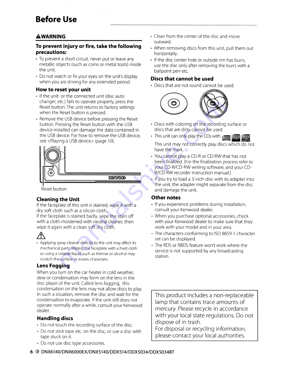 Kenwood DDX5034 Instruction Manual Download Page 6