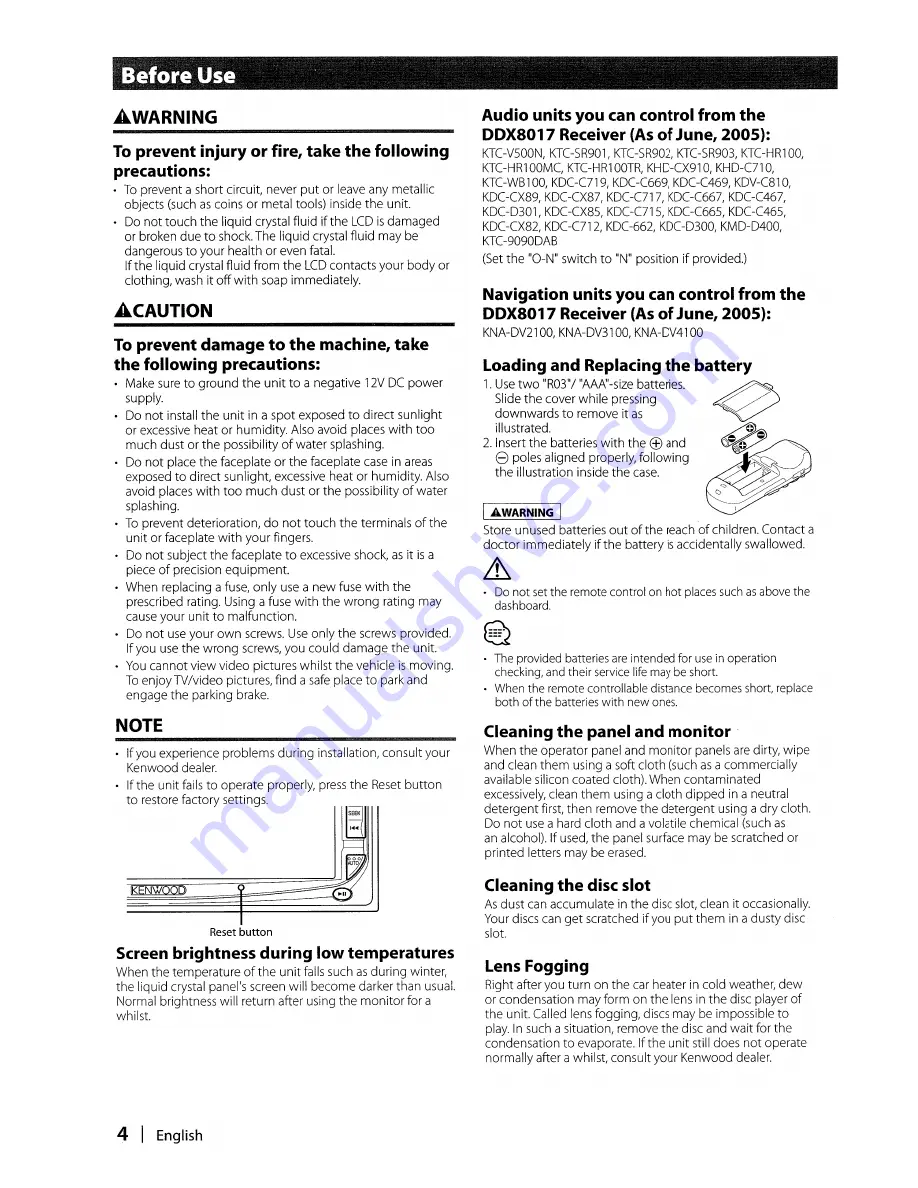 Kenwood DDX8017 - Excelon - DVD Player Instruction Manual Download Page 4