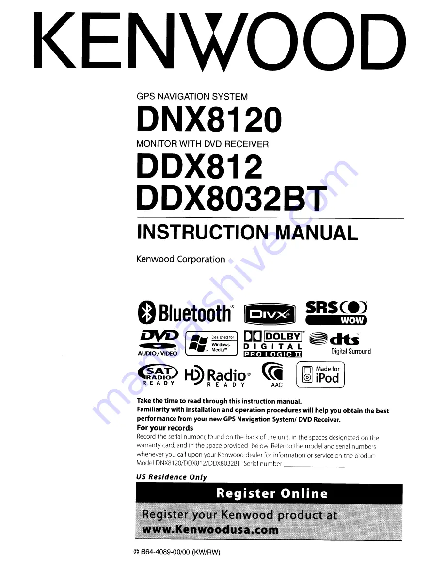 Kenwood DDX812 - Excelon - DVD Player Скачать руководство пользователя страница 1