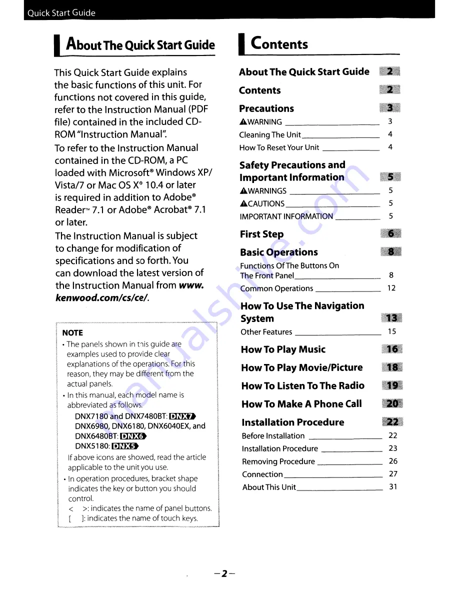 Kenwood DNX5180 Quick Start Manual Download Page 2