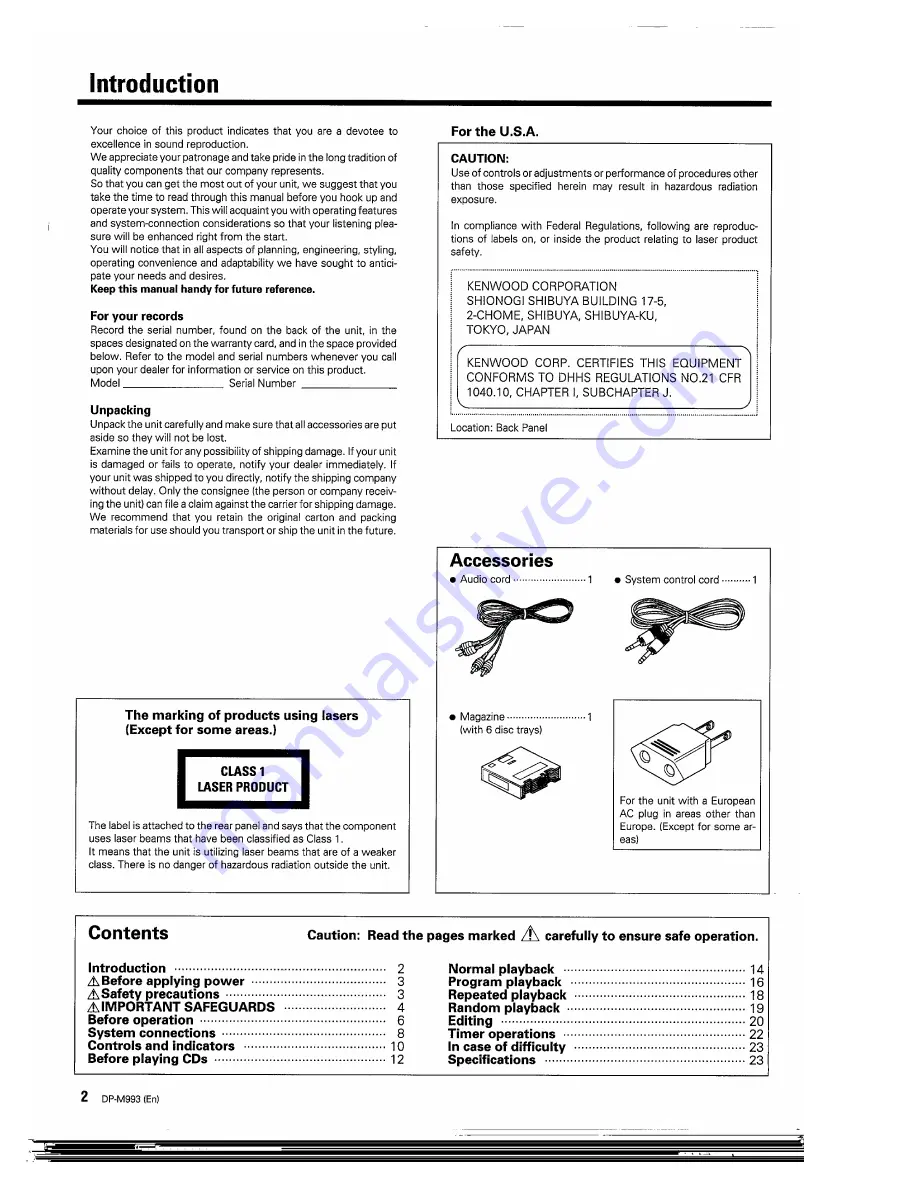 Kenwood DP-M993 Instruction Manual Download Page 2