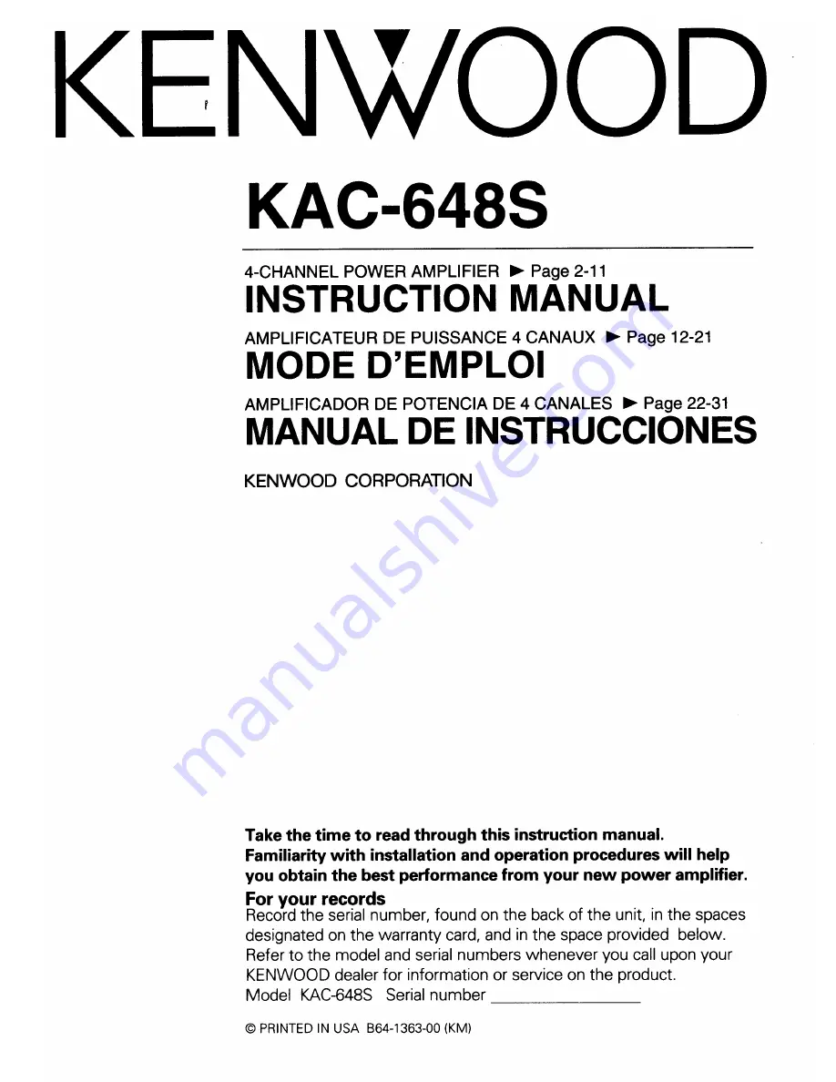 Kenwood KAC-648S Скачать руководство пользователя страница 1