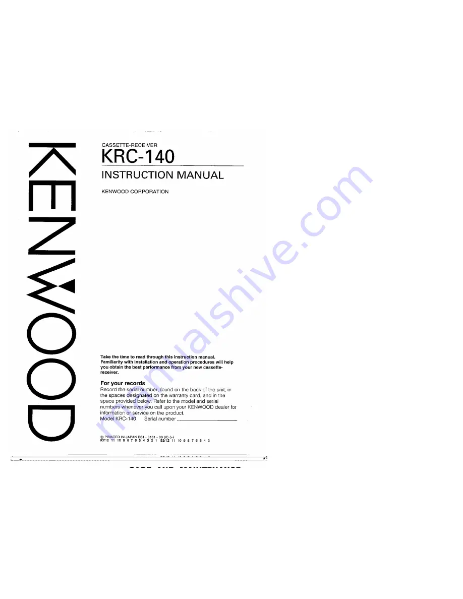 Kenwood KCR-140 Instruction Manual Download Page 1